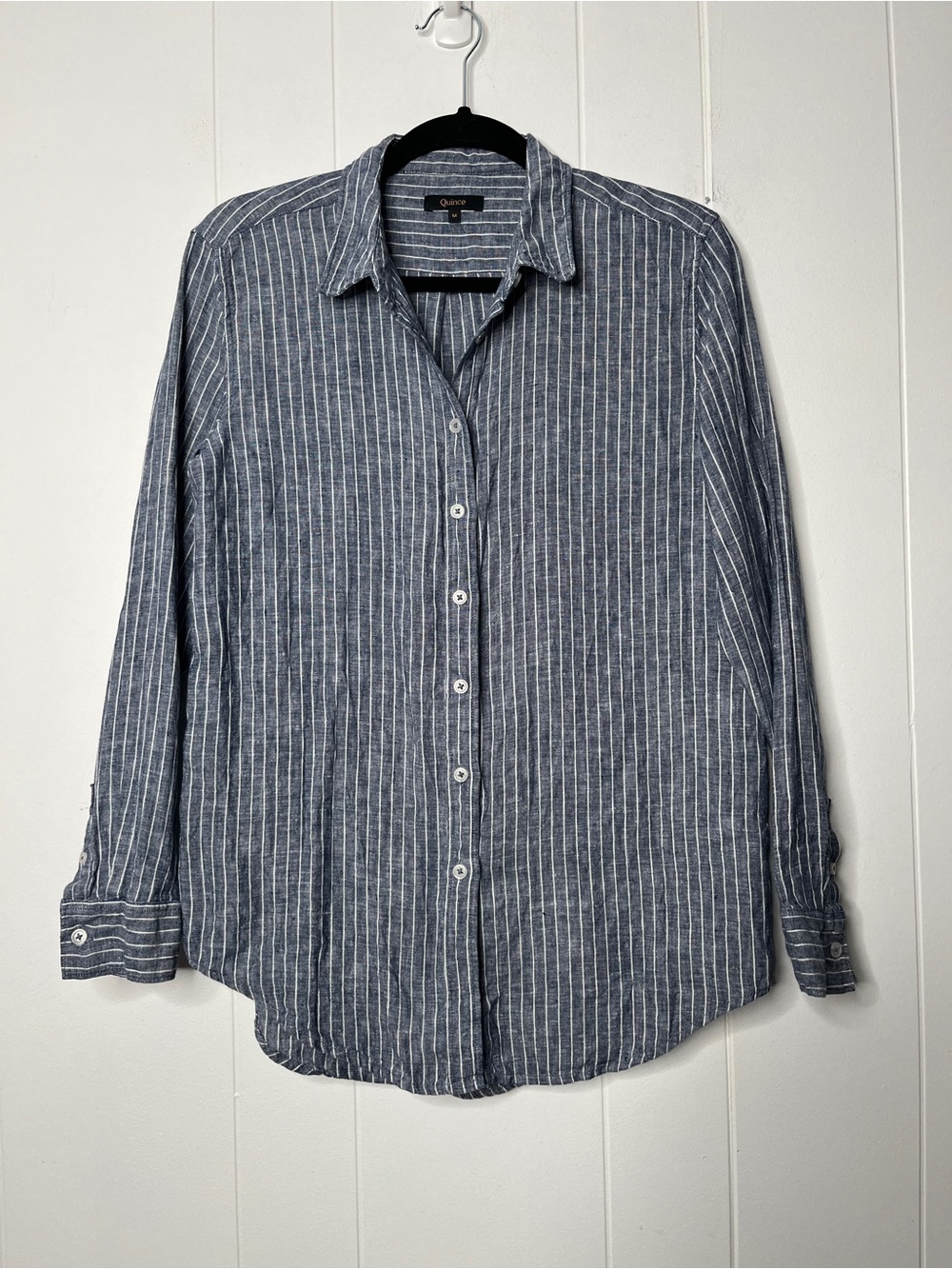 Quince 100% European Linen Long Sleeve Shirt/Chambray Stript Blue White M